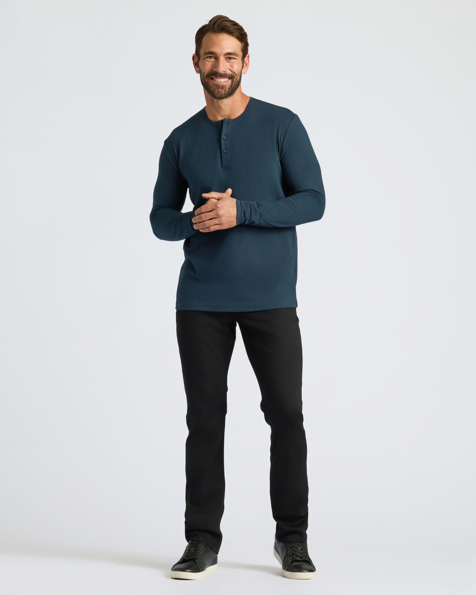 T-shirt manches longues gaufré col rond bleu marine – Lot de 3 – Image 3
